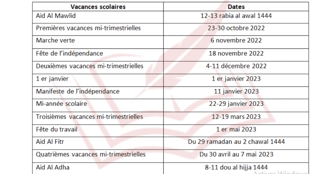 Calendrier des Vacances Scolaires au Maroc 2022/2023 Ennajah.ma